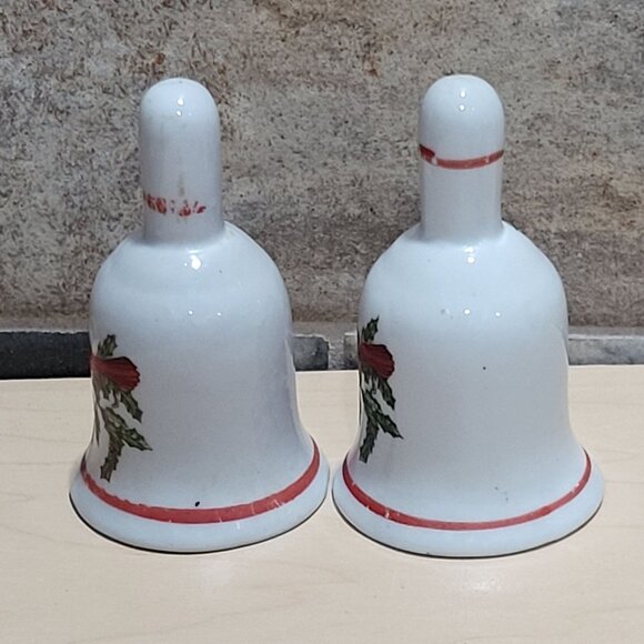 Vintage Pair Porcelain Bells Hand Painted Red Cardinal Bird on Branch Holly and - Picture 6 of 9